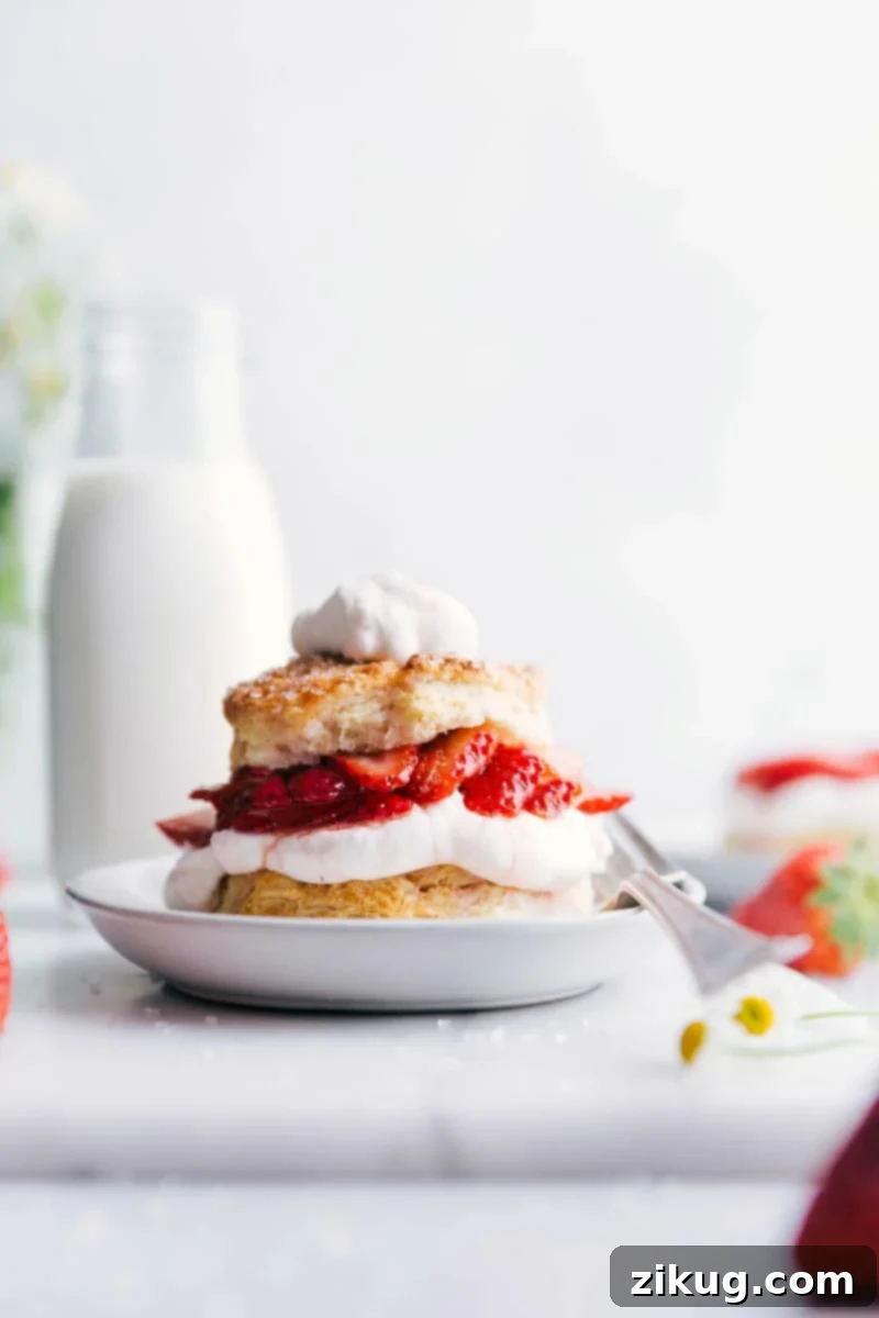 Strawberry Shortcake with Whipped Cream Strawberry Shortcake served with a generous dollop of whipped cream on top, accompanied by a fork on the side of the plate, ready to be enjoyed.