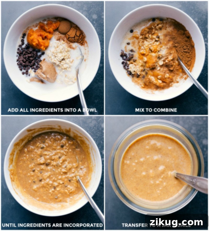 Preparing Pumpkin Chocolate Chip Overnight Oats: Mixing Ingredients and Transferring to Jar for Chilling Ingredients used in this recipe added to a bowl, being mixed, then transferred to a jar for chilling.