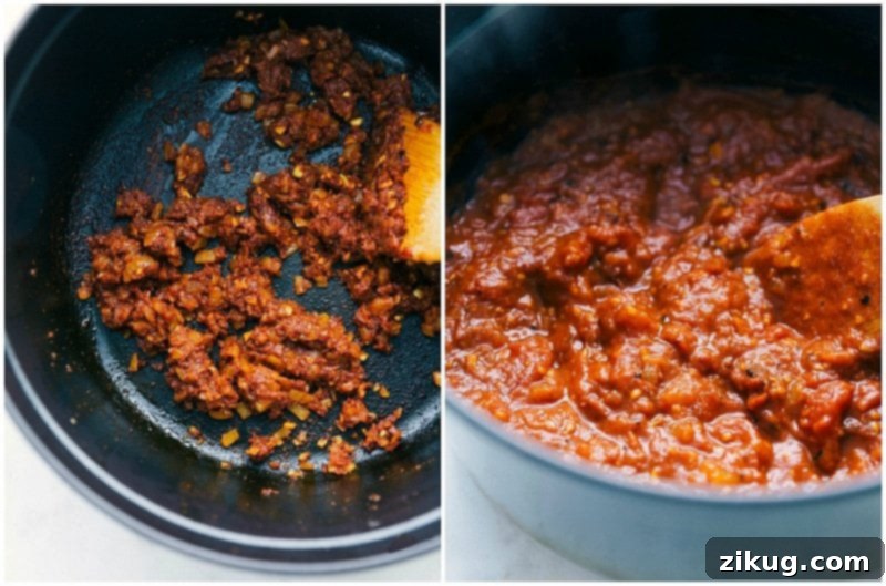 Blooming Spices and Making Tomato Sauce Blooming spices in hot oil and making tomato sauce, creating a rich and aromatic base for the recipe.