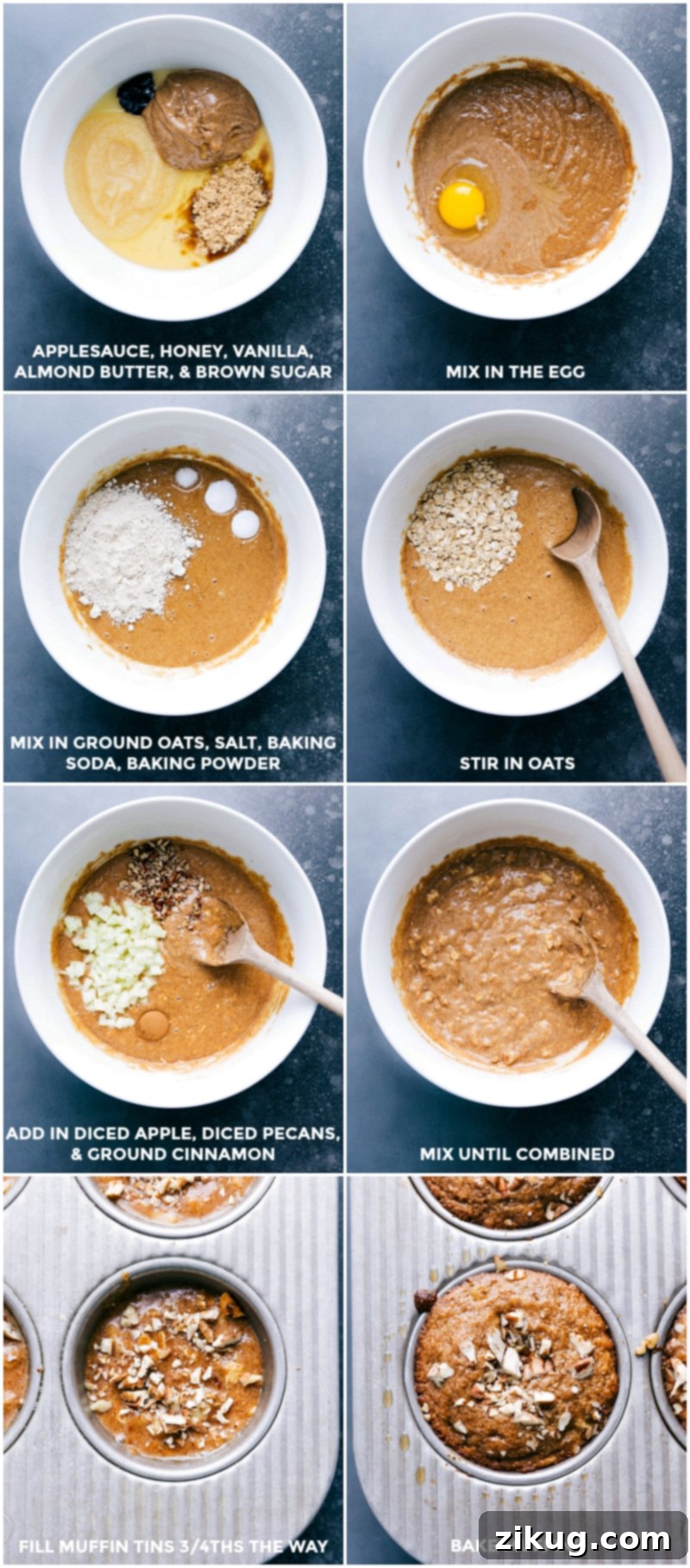 Simple Steps to Bake Delicious Gluten-Free Apple Cinnamon Muffins A visual guide showing the process of making gluten-free apple cinnamon muffins: combining ingredients, filling a muffin tin, and the final baked result.