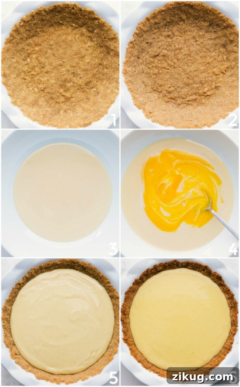 Adding Crust and Filling to Key Lime Pie Carefully placing the graham cracker crust and pouring the luscious Key lime filling onto the crust to complete the delicious recipe, ready for baking.