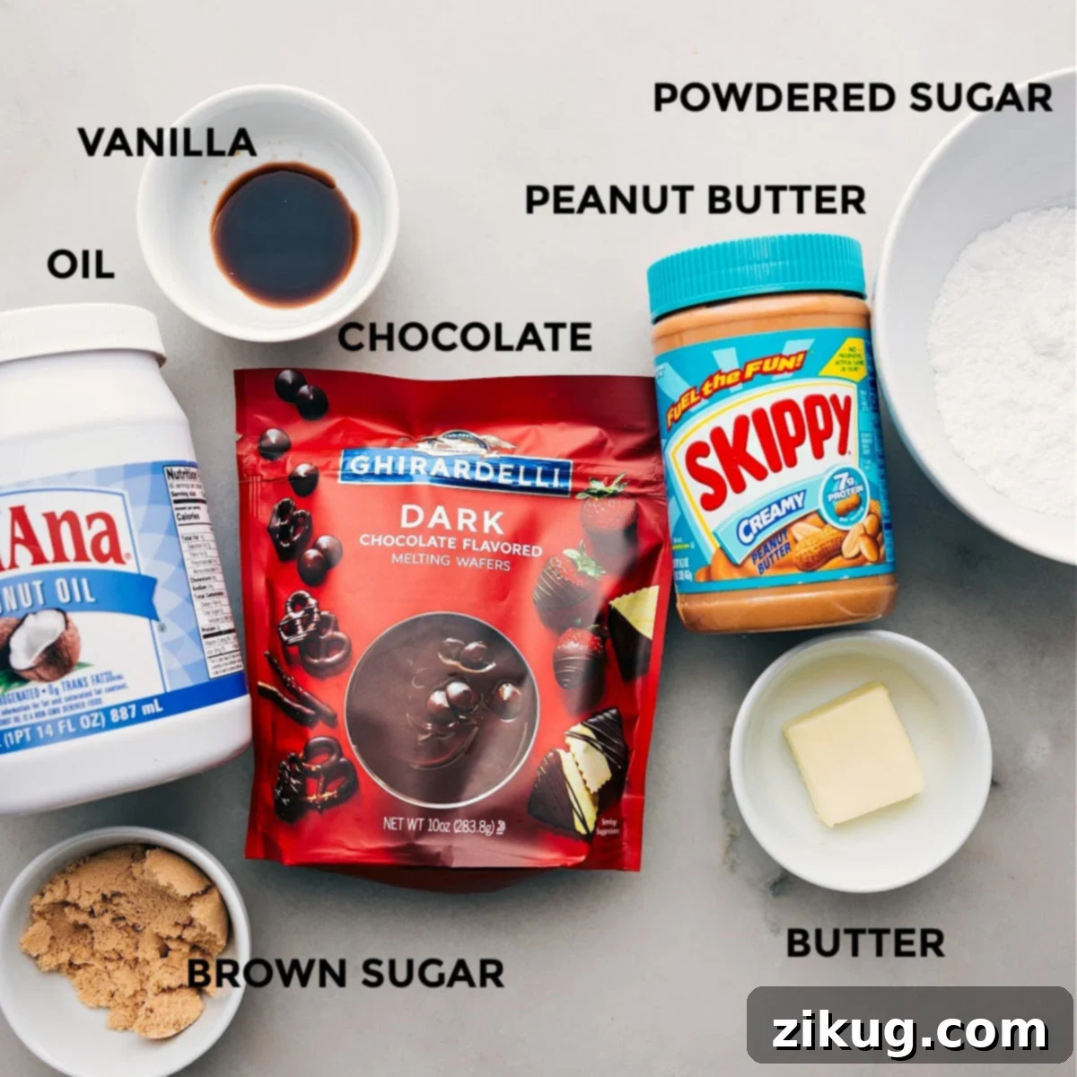 Homemade Peanut Butter Cups Ingredients All the essential ingredients for making homemade peanut butter cups are neatly laid out on a kitchen surface, ready for preparation.