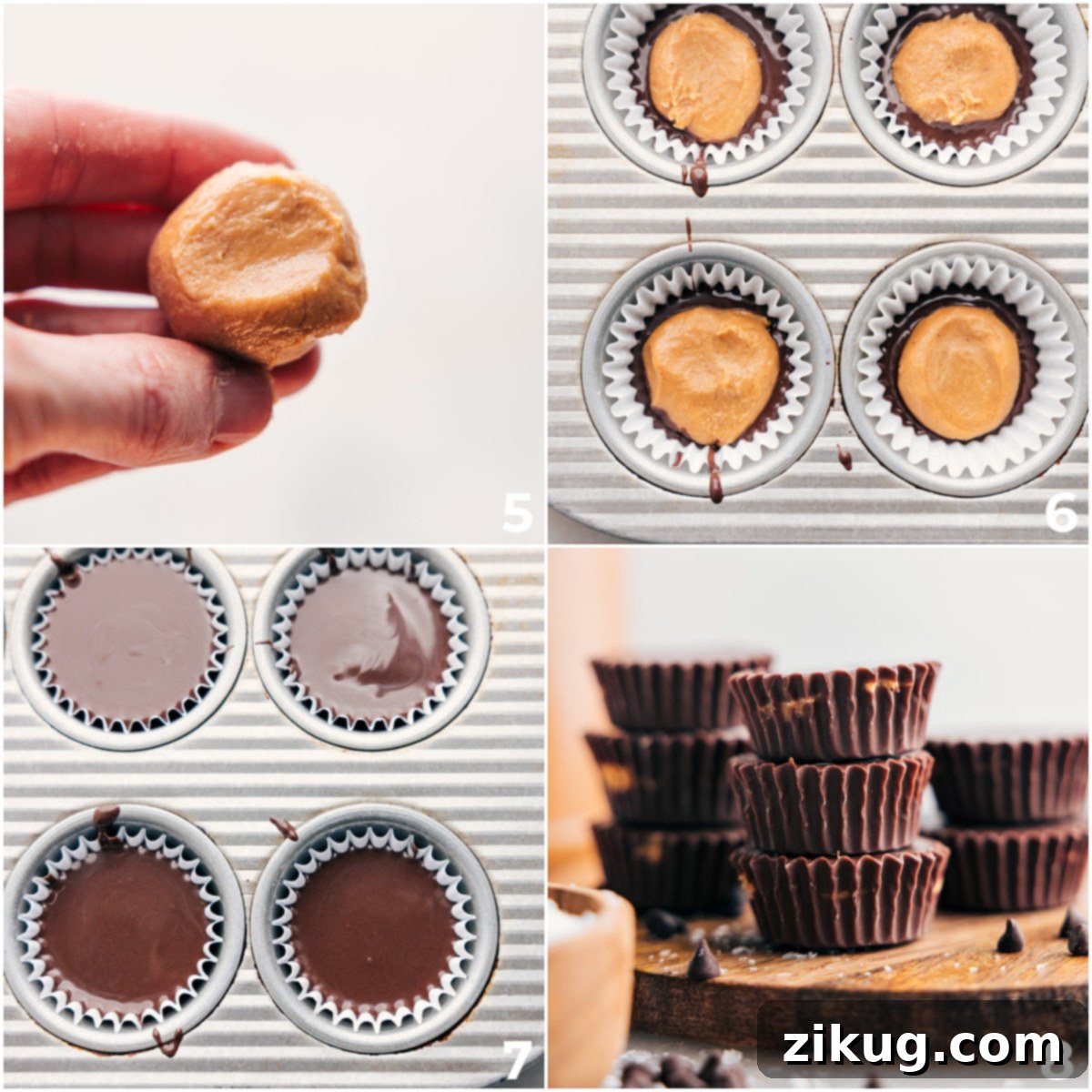 Making The Homemade Peanut Butter Cups Recipe A visual guide demonstrating the layering process: adding chocolate to liners, followed by the peanut butter filling, and then topping with more melted chocolate to create homemade peanut butter cups.