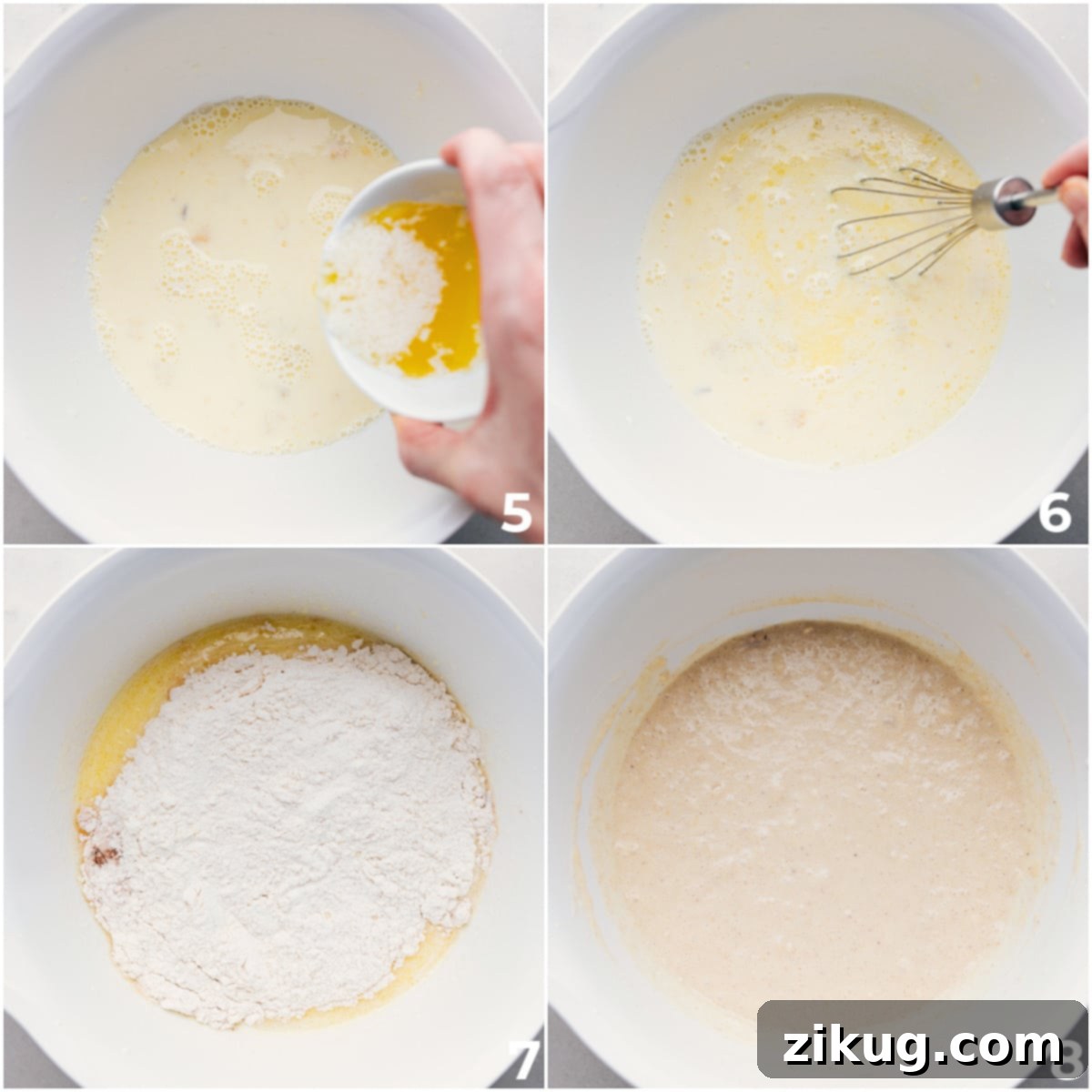 Mixing Banana Pancake Batter for Optimal Smoothness Dry and wet ingredients are being expertly mixed together in a large bowl, creating a smooth and consistent batter for the banana pancake recipe.