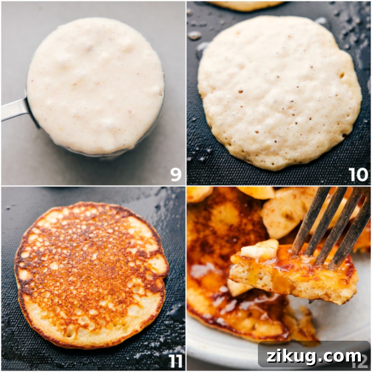 Cooking Golden-Brown Banana Pancakes on a Skillet Easy banana pancakes cooking on a hot skillet, exhibiting a beautiful golden-brown color and perfectly bubbled surface, ready to be flipped and finished for a delightful breakfast.