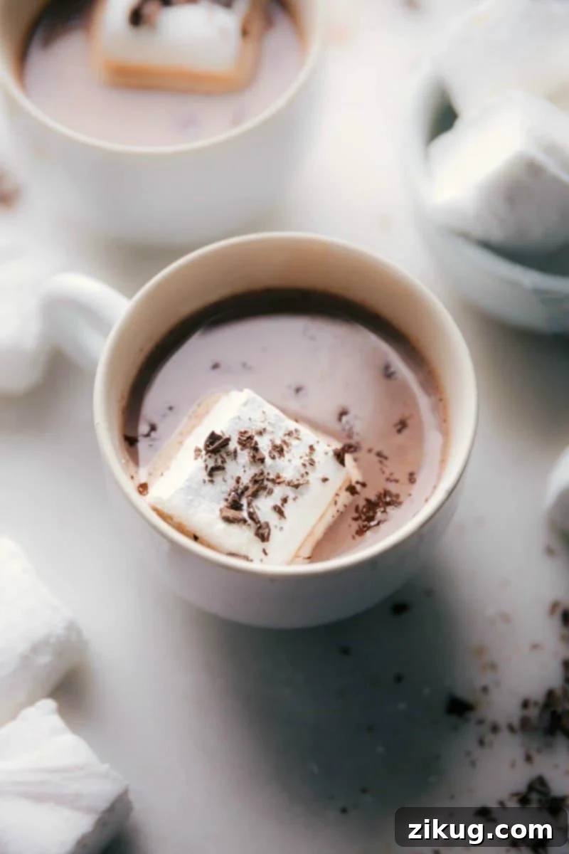 Cozy Cup of Hot Chocolate with Homemade Marshmallows and Chocolate Shavings - A Warm Indulgence Homemade marshmallows floating in a cup of hot chocolate, topped with chocolate shavings, creating a cozy and inviting scene.