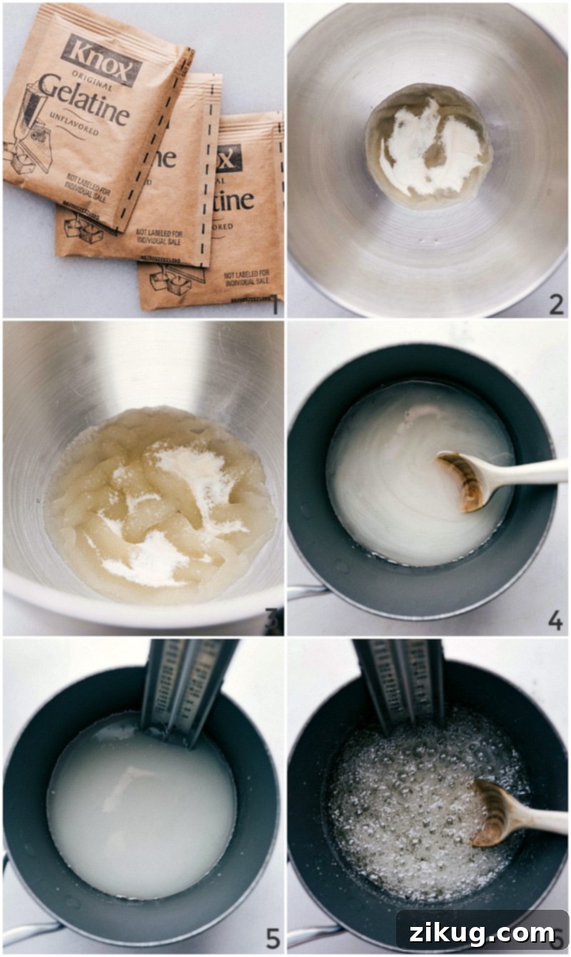 Marshmallow Foundations: Blooming Gelatin and Perfect Syrup Temperature Gelatin blooming process followed by cooking the mixture to the correct temperature, essential steps for homemade marshmallows.