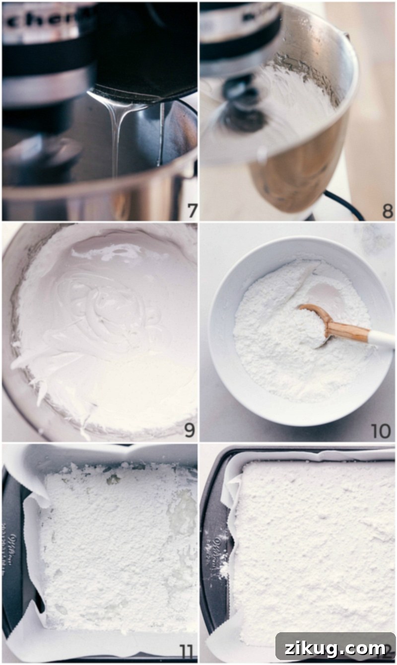 Marshmallow Creation: Blending, Whipping, and Dusting Syrup mixing into gelatin, marshmallow batter being whipped to volume, and cornstarch-powdered sugar mixture being used for dusting the cut marshmallows.