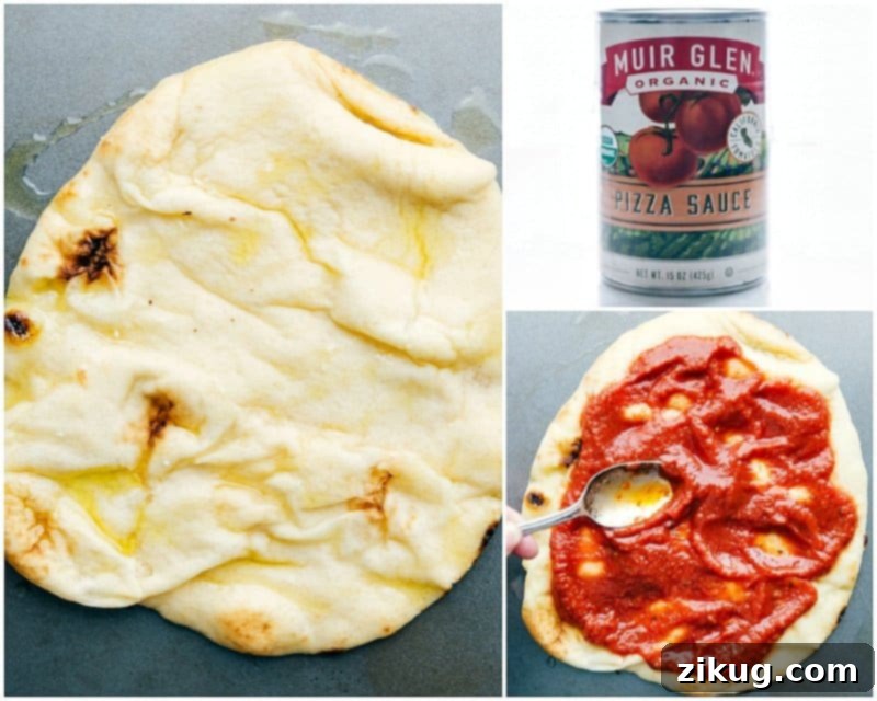 Spreading Pizza Sauce on Naan Bread to Prepare the Base for Naan Pizza Red sauce being spread evenly on the bread, preparing the base.