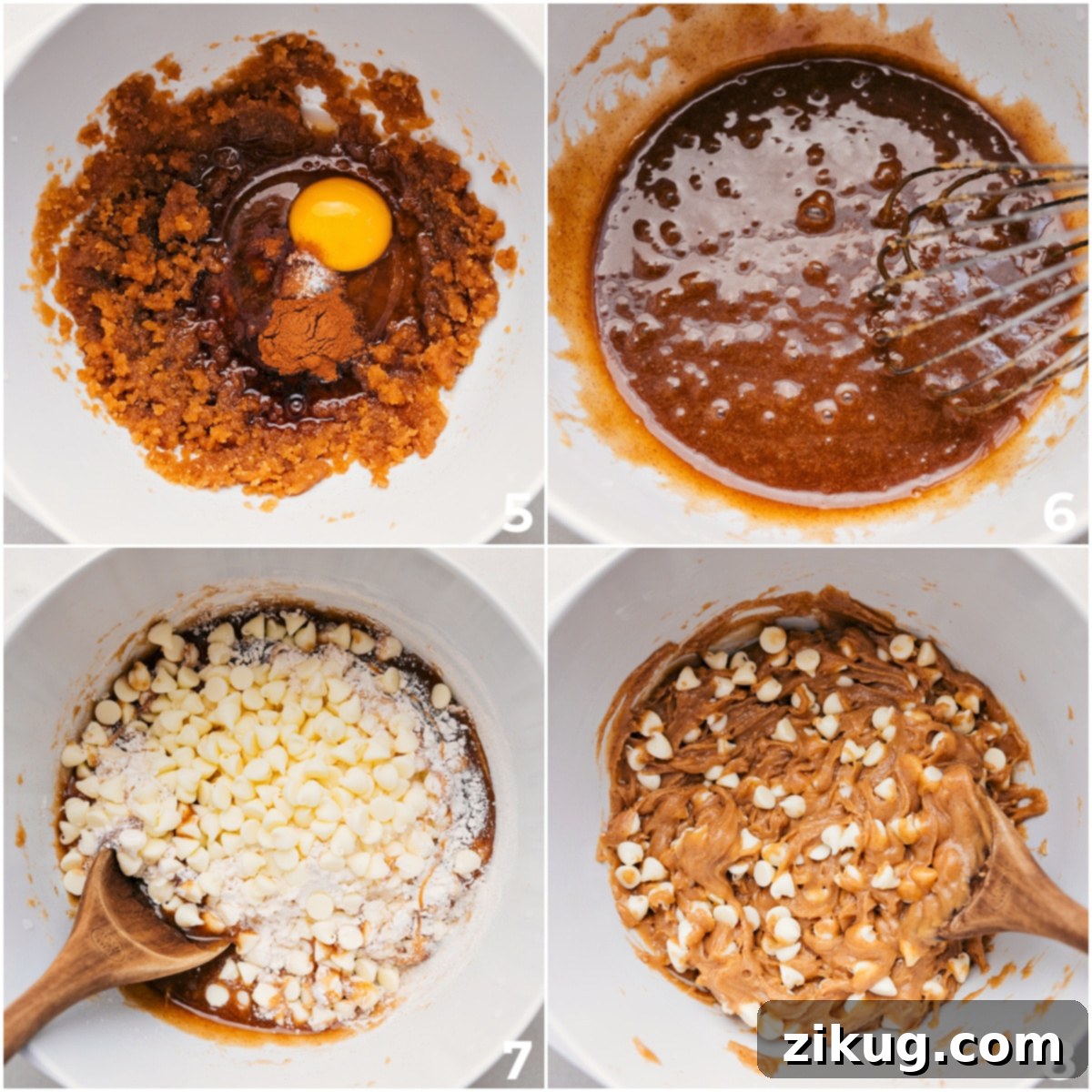 Combining all the ingredients for Snickerdoodle Blondies in a bowl, including spices, egg, flour, and white chocolate chips, ready to be mixed.