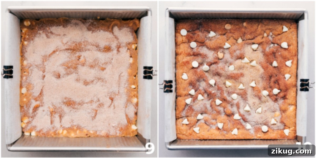 Baked Snickerdoodle Blondies sprinkled generously with cinnamon sugar, glistening and ready to be sliced.