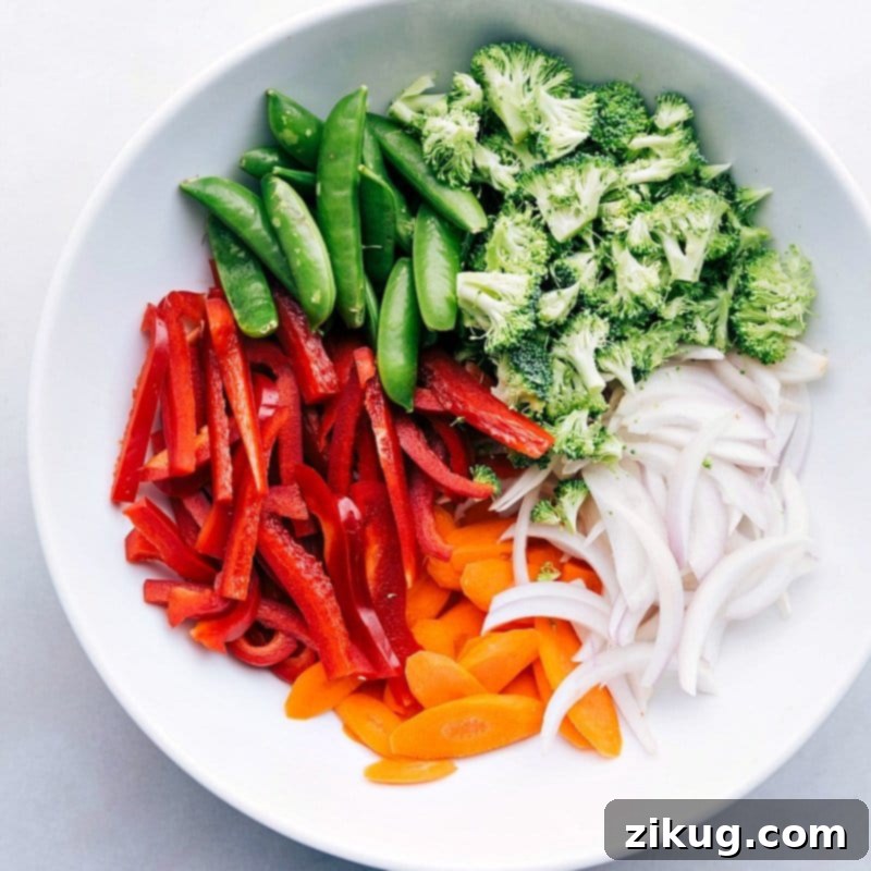 Prepping for Chicken Stir Fry - Fresh Chopped Veggies Freshly chopped vegetables prepared for the chicken stir fry recipe.