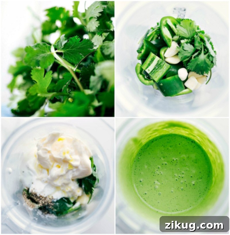 Blending Ingredients for the Ultimate Flavorful Green Sauce A high-powered blender mixing a vibrant green sauce, showcasing fresh cilantro, jalapeños, and other ingredients being transformed into a smooth, creamy condiment.