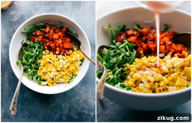 Fresh Arugula Salad: The Perfect Pairing for Peruvian Chicken A vibrant and refreshing arugula salad with colorful corn and bell pepper, perfectly complementing the rich Peruvian chicken for a balanced and healthy meal.