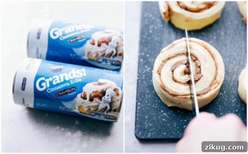 Cinnamon rolls being carefully cut into fourths on a cutting board, preparing them for the monkey bread recipe. The dough is soft and ready to absorb the sweet cinnamon-sugar coating.