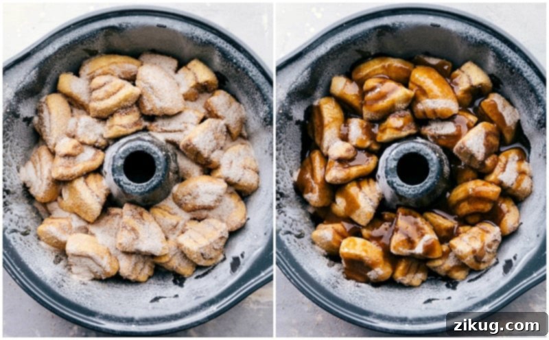 Close-up shot of cinnamon roll dough pieces being layered into a Bundt pan, followed by a decadent brown sugar sauce being poured over them, illustrating the assembly process of Cinnamon Roll Monkey Bread.
