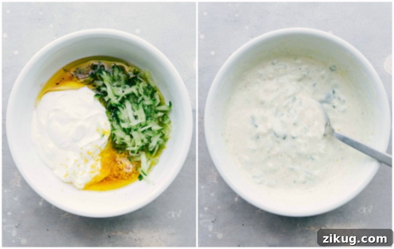 Homemade Smooth Tzatziki Sauce Preparation Preparing creamy tzatziki sauce by hand, showing the whisked ingredients in a bowl, capturing the freshness and simple elegance of this traditional Greek condiment.