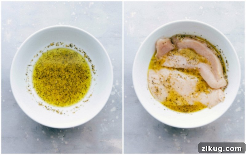 Marinating Chicken in a Flavorful Greek Marinade Chicken breasts being carefully placed into a bowl of vibrant, aromatic Greek marinade, illustrating the crucial first step in infusing the poultry with rich flavors.