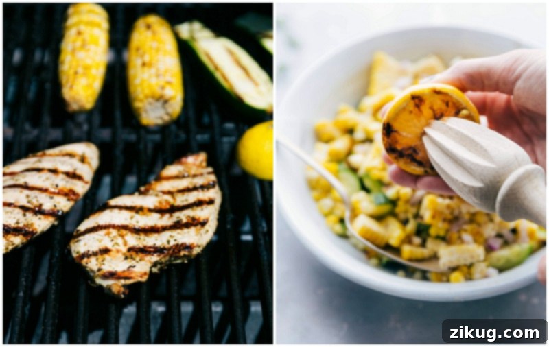Grilling Chicken, Corn, and Lemon for a Mediterranean Meal Various ingredients on the grill, including marinated chicken, fresh corn on the cob, and lemon halves, showing the process of cooking for the Greek chicken recipe. Afterwards, the grilled lemon is juiced directly into the prepared salad.