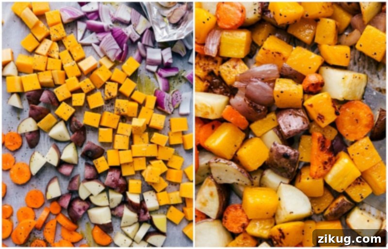 Fresh vegetables roasting in the oven, an essential step in preparing the chicken vegetable soup.
