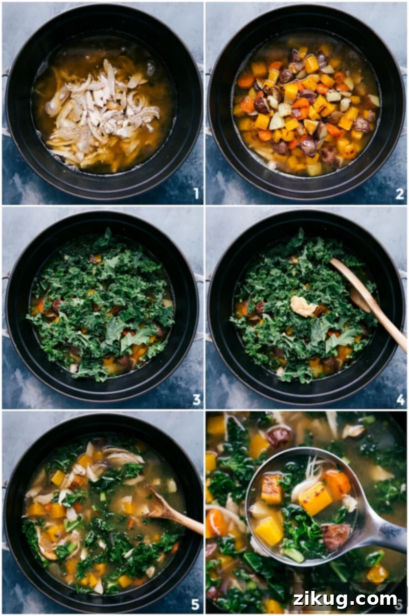 Adding ingredients to the pot and it all being cooked together on the stove.