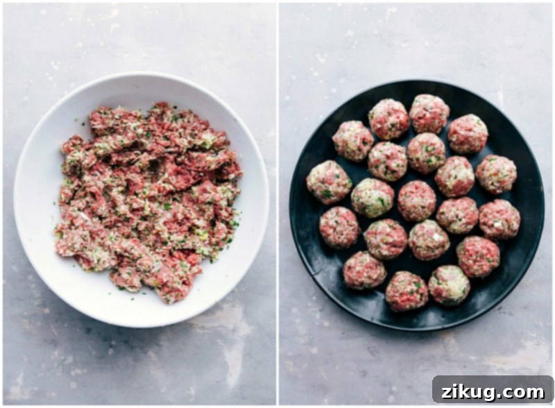Rolling Raw Meat into Meatballs Raw meat being skillfully rolled into balls, ready to be cooked.