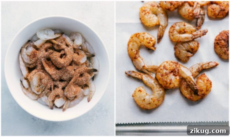 Perfectly Seasoned Shrimp Ready for Roasting Fresh shrimp, expertly seasoned, and then arranged on a sheet pan in preparation for cooking.