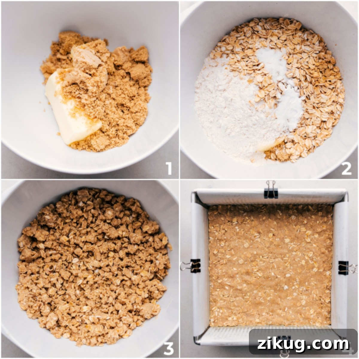 How To Make Apple Pie Bars Step-by-Step Mixing the ingredients for the base and crumble topping of the apple pie bars in a bowl, showing the dough's texture.