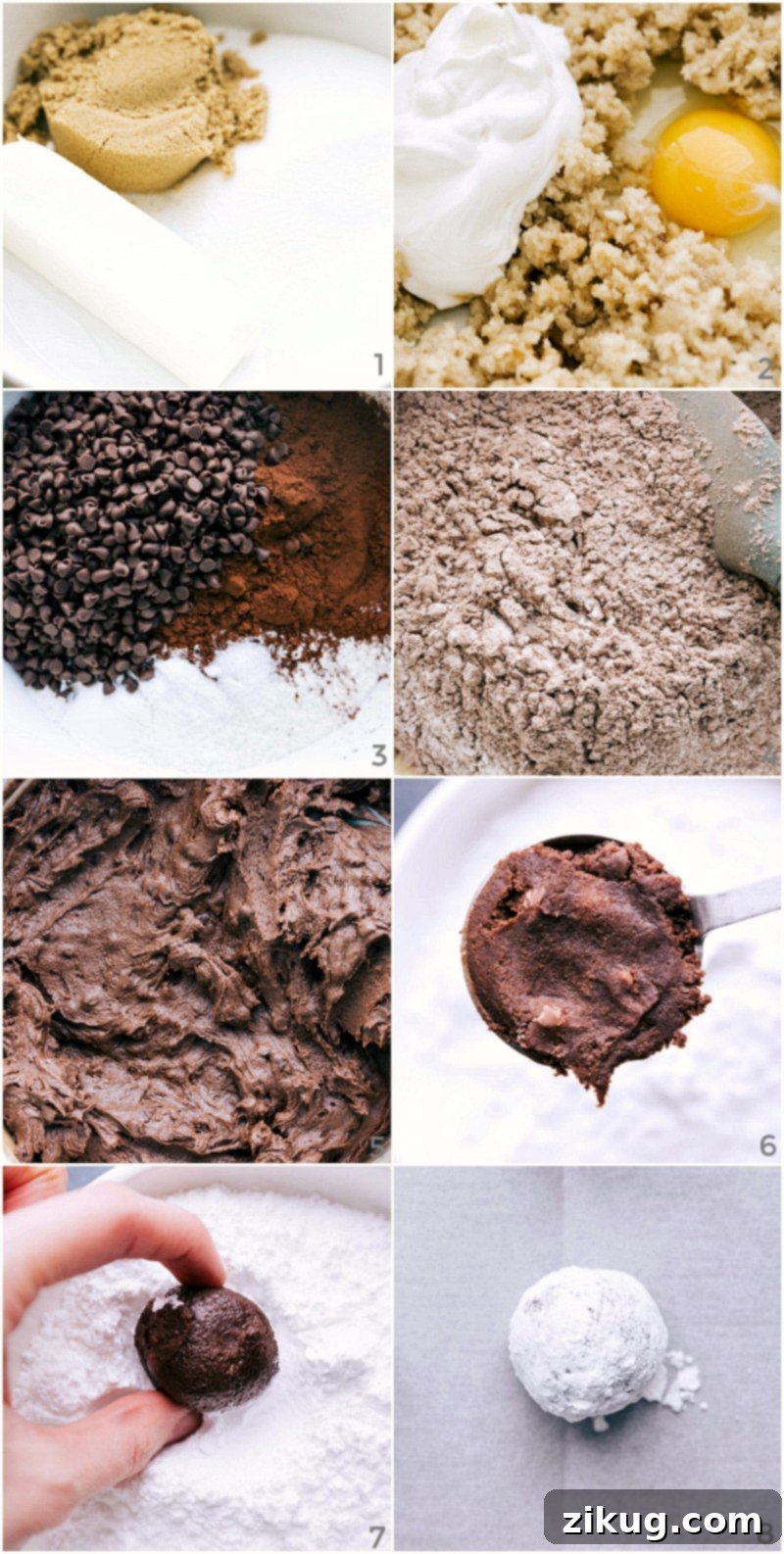 Chocolate Crinkle Cookies Process: Mixing, Forming, and Rolling in Sugar for the Perfect Bake The step-by-step process of making chocolate crinkle cookies, from creaming butter and sugars to forming dough balls and rolling them in powdered sugar, ready for baking.