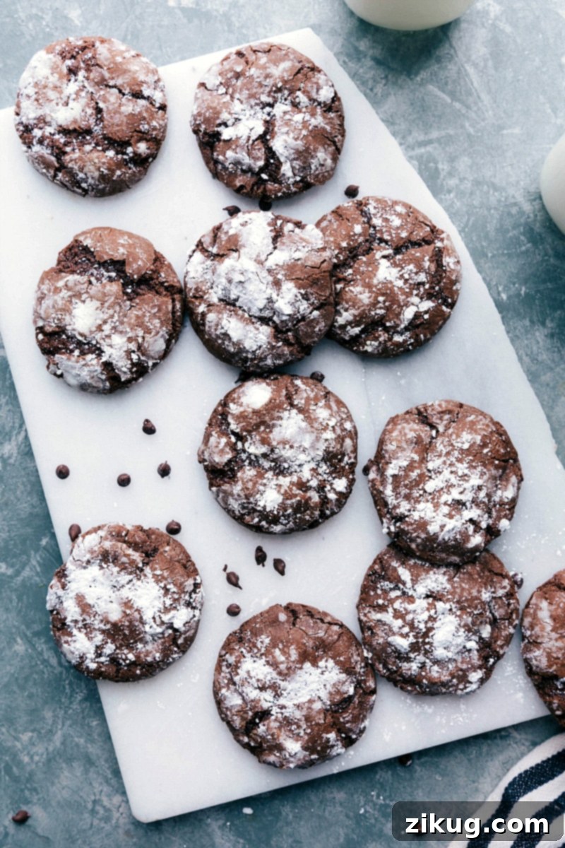 Irresistible Chocolate Crinkle Cookies - Perfectly Sugared and Ready to Enjoy Delicious chocolate crinkle cookies generously dusted with powdered sugar, showcasing their beautiful cracks and rich color, perfectly arranged and ready for a sweet bite.