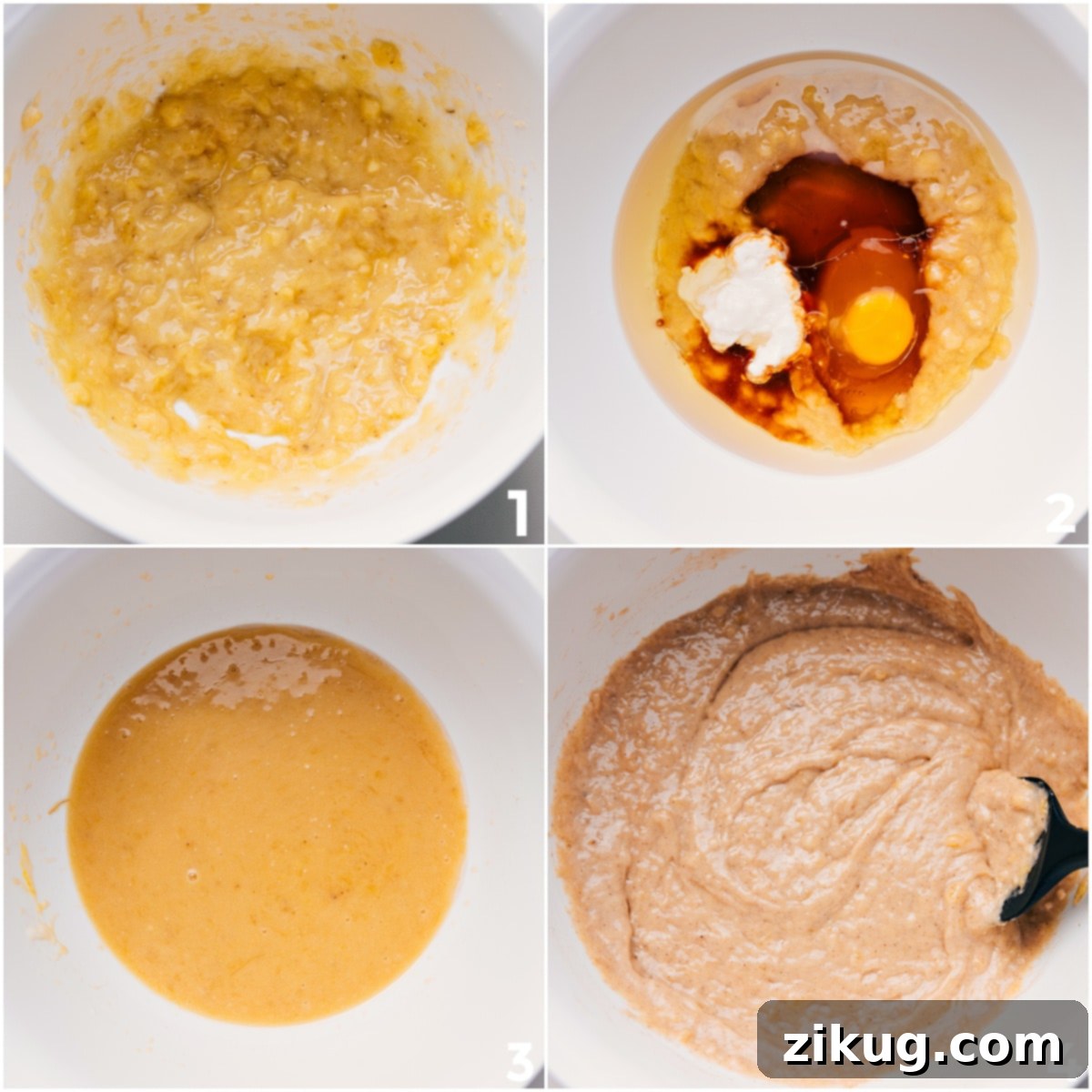 How To Make Healthy Banana Muffins Mash the bananas in a bowl using an electric hand mixer, then mix the rest of the wet ingredients together to make the healthy banana muffin batter in a large mixing bowl.