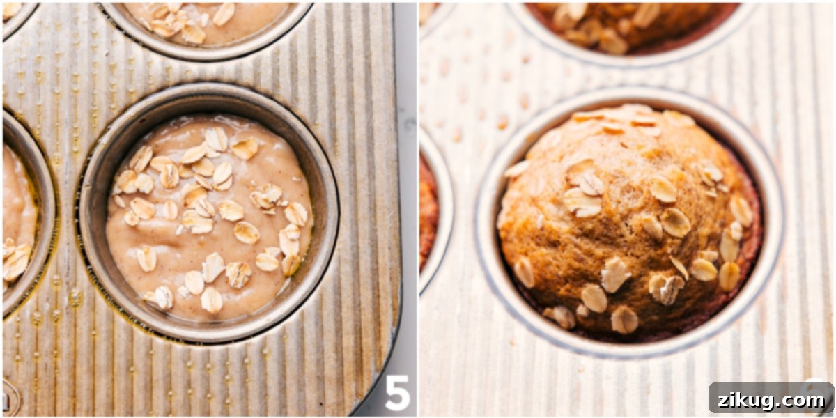 Baked To Perfection Healthy Banana Muffins Pour the batter into each muffin tin, topped with a sprinkle of oats, and bake until golden brown and perfectly risen.