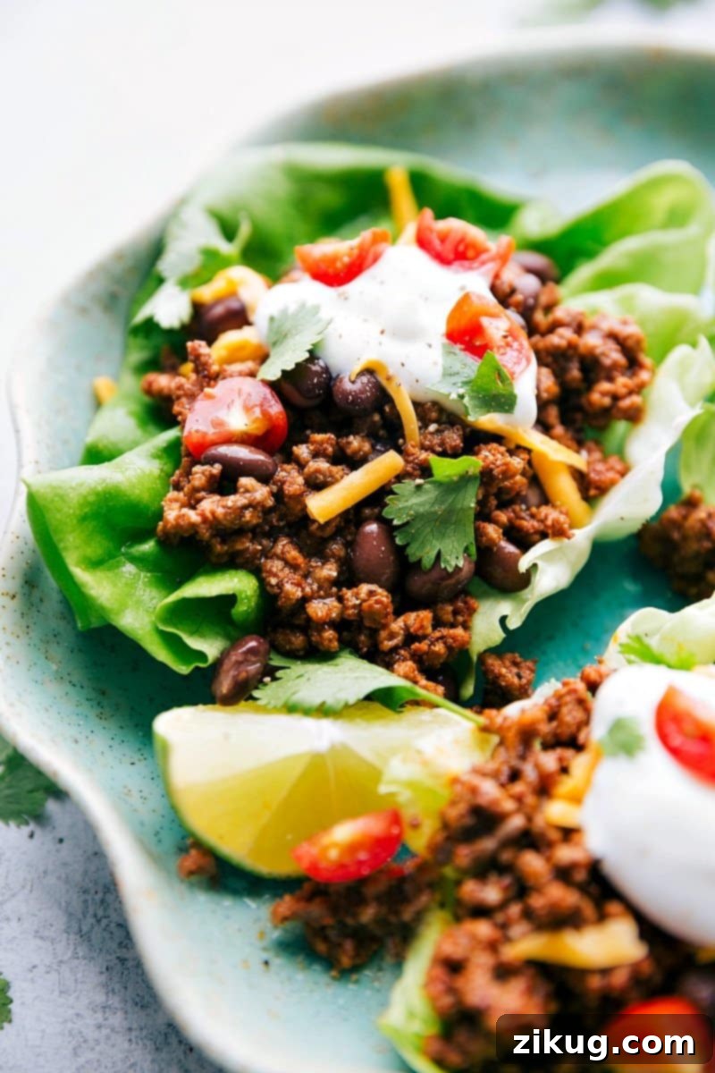 Ready-to-eat taco lettuce wraps on a plate, offering a healthy twist on a classic favorite meal.