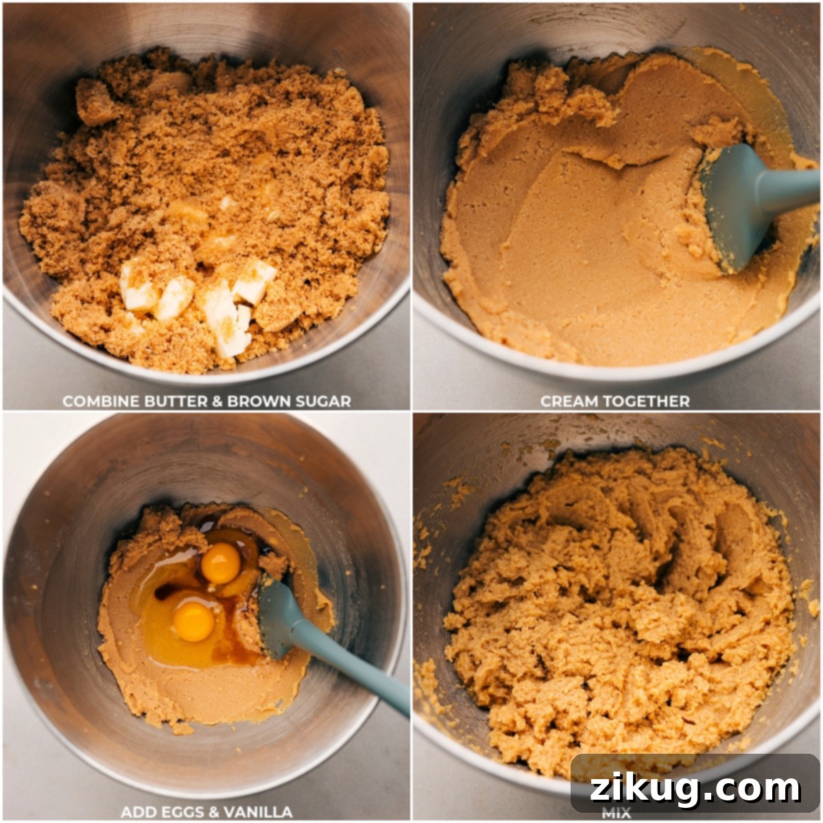 Cold butter, light brown sugar, eggs, and vanilla extract being creamed together in a stand mixer, forming the base for delicious chocolate cookies.
