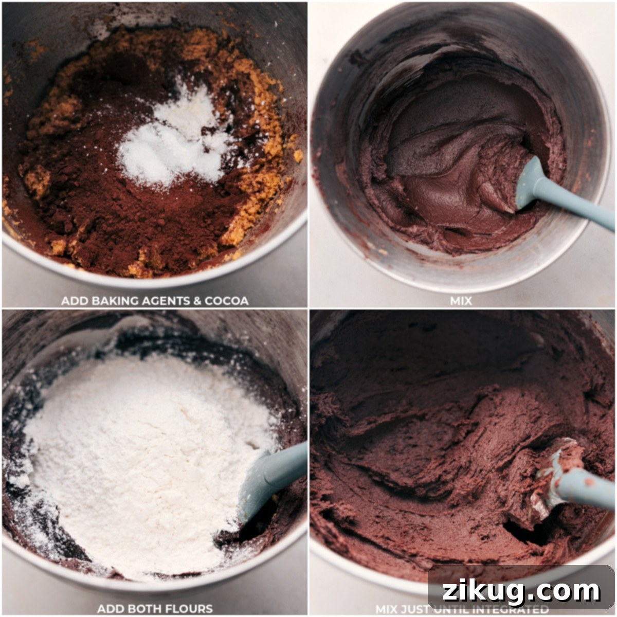 Dry ingredients including baking soda, cornstarch, cocoa powder, cake flour, and all-purpose flour being gently combined in a mixing bowl.