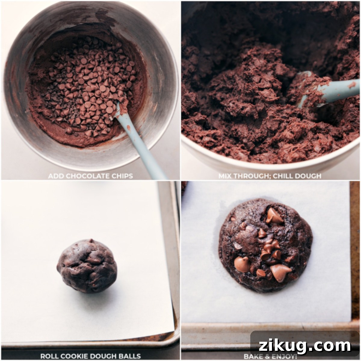 Two types of chocolate chips being folded into chocolate cookie dough, and freshly baked chocolate cookies cooling on a wire rack.