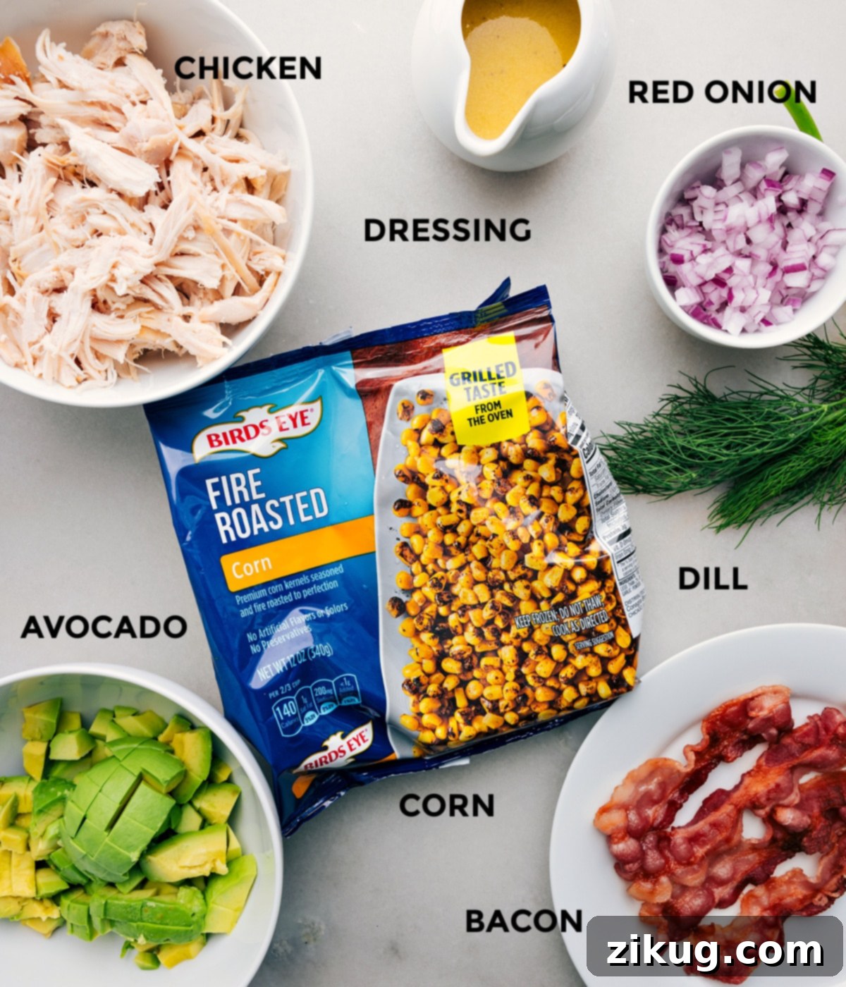 Avocado Chicken Salad Ingredients All the fresh ingredients for Avocado Chicken Salad meticulously prepped and laid out for easy assembly.