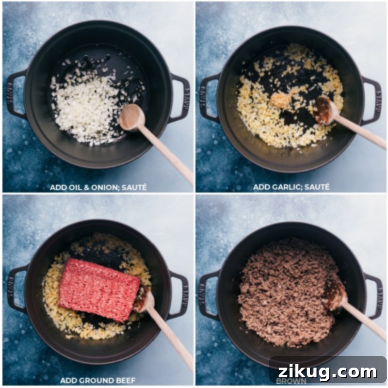 Step-by-step preparation of our homemade Taco Chili: from aromatics to browned beef. Process shots showing stages of making Taco Chili: beginning with sautéing onions and garlic, then transitioning to browning lean ground beef in a large pot, illustrating key preparation steps.