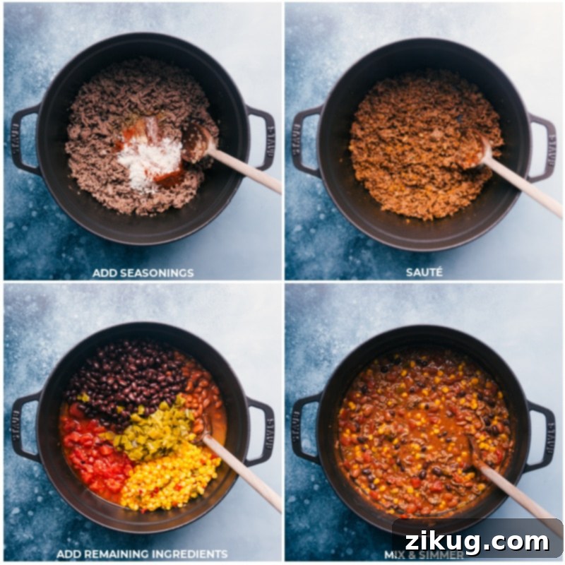 Assembling and simmering the flavorful Taco Chili ingredients to perfection. Process shots of Taco Chili: featuring the addition of various seasonings to browned ground beef, followed by canned beans, corn, and tomatoes, all simmering together beautifully in a large pot on the stovetop.