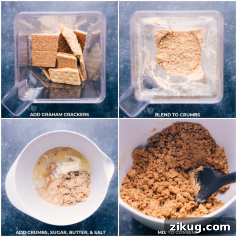 Preparation of the graham cracker crust for Coconut Cream Pie. Process shots showing how to prepare the graham cracker crust: blending graham crackers, adding sugar, melted butter, and salt; then mixing them together.
