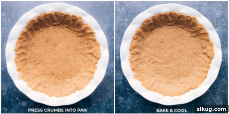 Pressing and baking the graham cracker crust for a delicious pie. Process shots demonstrating how to press graham cracker crumbs into a pie pan, and showing the crust after baking and cooling.