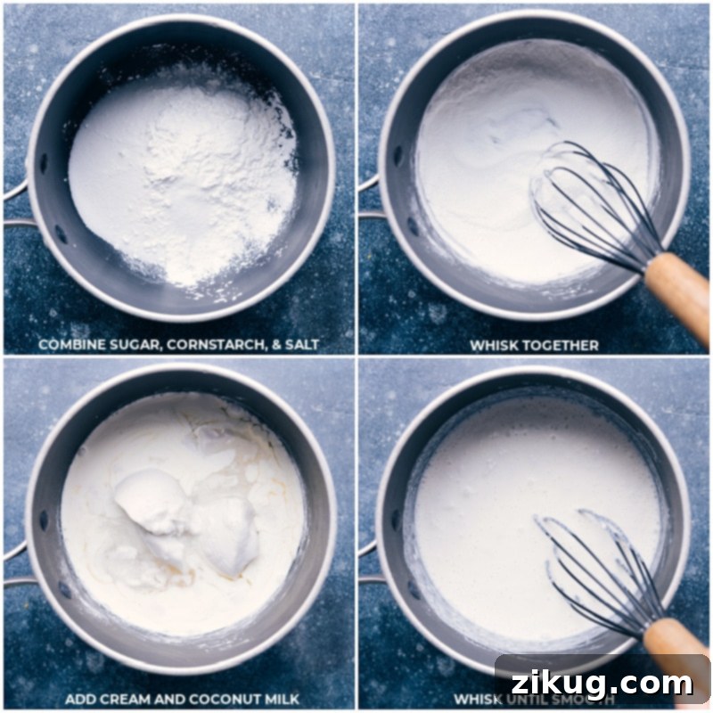 Steps for preparing the creamy coconut custard filling. Process shots illustrating the custard preparation: combining sugar, cornstarch, and salt; whisking to mix; adding heavy cream and coconut milk; and whisking again until smooth.