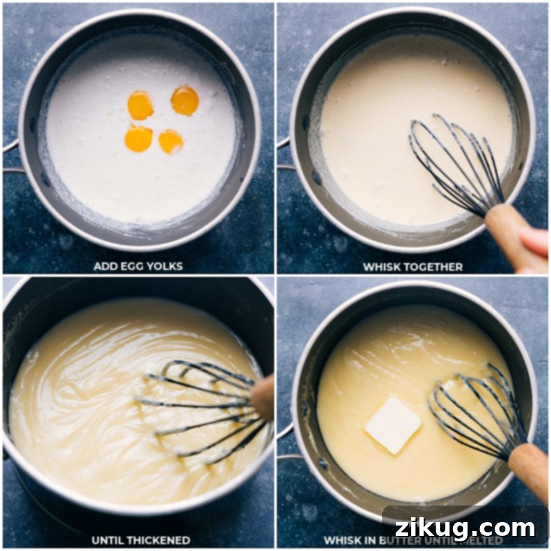 Steps for thickening the custard with egg yolks and butter. Process shots showing the addition of egg yolks, whisking until the mixture thickens, and then adding butter and continuing to whisk for the custard.