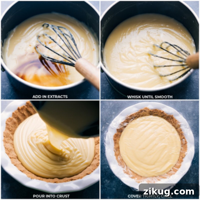 Pouring and chilling the coconut custard filling in the pie crust. Process shots demonstrating adding extracts and whisking until smooth, pouring the custard into the baked crust, and covering it with plastic wrap to chill.