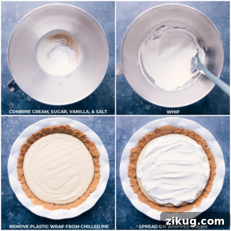 Steps for preparing whipped cream and topping the chilled Coconut Cream Pie. Process shots detailing whipped cream preparation: combining cream, sugar, vanilla, and salt; whipping to form thick peaks; removing plastic wrap from the chilled pie; and topping it with whipped cream.