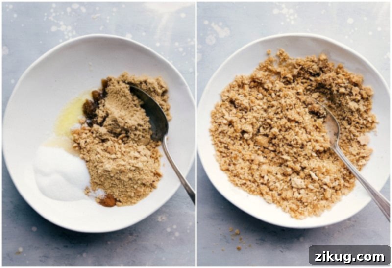 Crafting Crumble Topping for Grilled Peaches: A Sweet Finishing Touch Preparing the delicious graham cracker crumble topping, a perfect addition to any peach dessert.