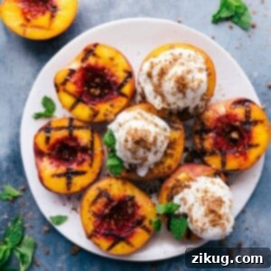 Caramelized Grilled Peaches 2 Grilled peaches with ice cream and fresh mint on top - a sweet and fruity treat.