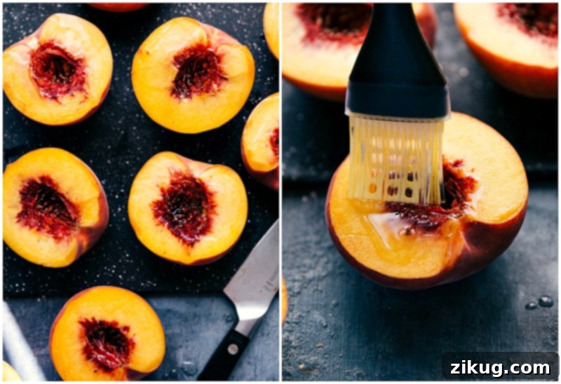 Preparing Fruit for Grilling: Brushing Oil onto Each Half Oil being brushed onto each half of the fruit, preparing it for grilling.