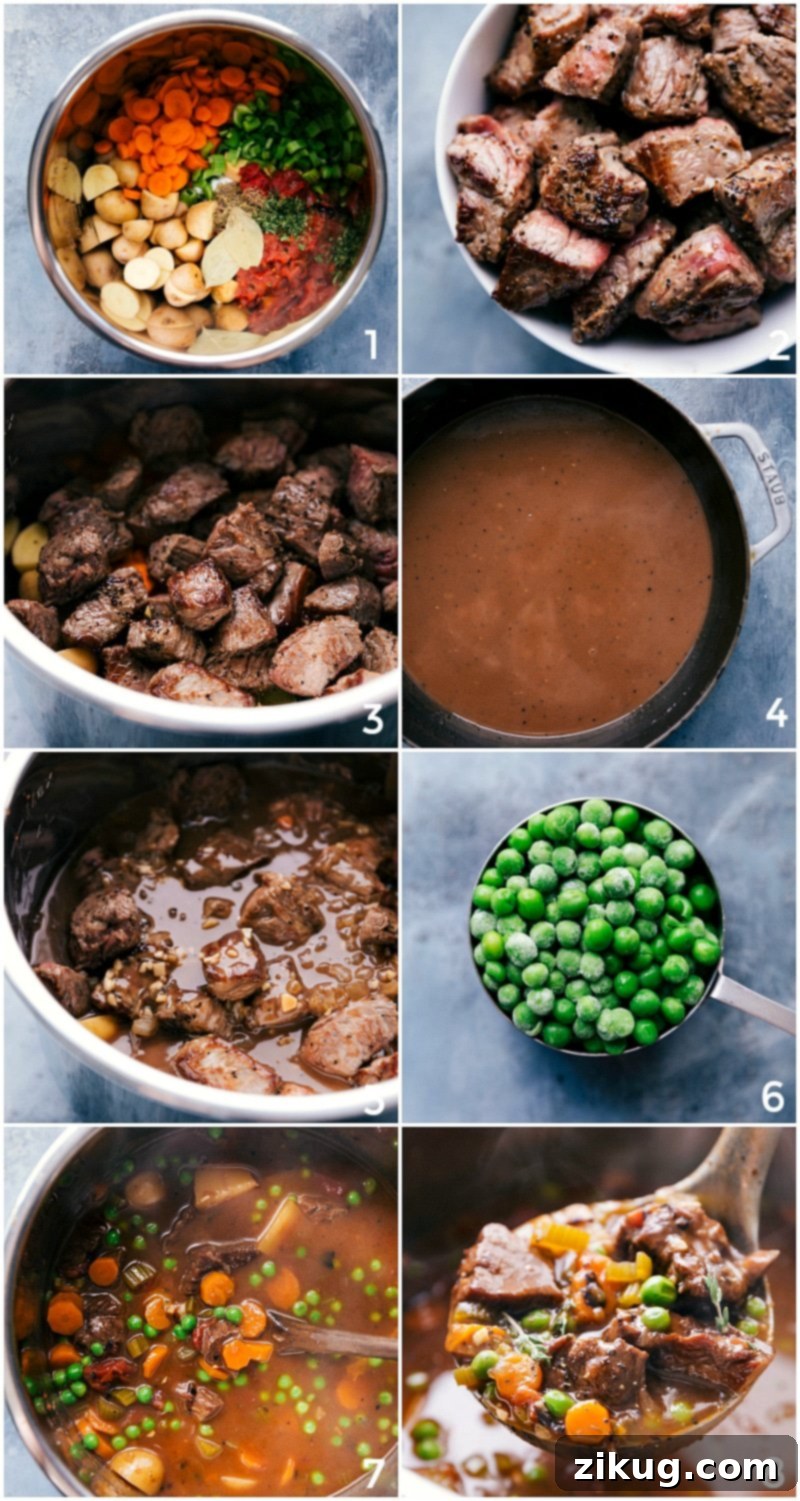 Instant Pot Cooking: Vegetables, Beef, and Peas Step-by-step images showing fresh vegetables being added to the Instant Pot, followed by seared beef, then the stew simmering, and finally adding peas for a pop of color and freshness.