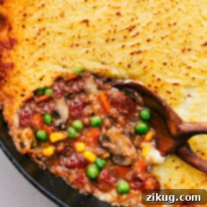 A single serving of Vegetarian Shepherd's Pie on a plate, garnished with fresh herbs.